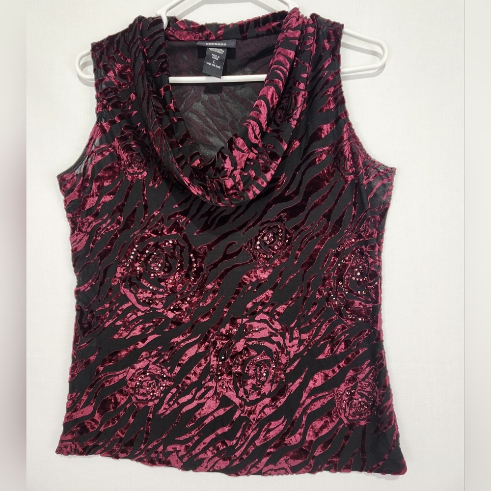 Vintage Y2K Express Burgundy and Black Sleeveless Velvet Top Size L